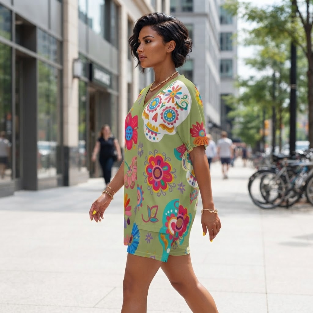 Day of the Dead Floral Two Piece Lounge Set Women Casual V Neck Short Sleeve Top and Shorts Set Comfortable Summer Outfit