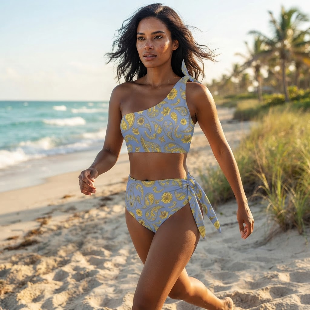 Blue and Gold Paisley One Shoulder High Waisted Bikini Set Sexy Summer Swimsuit