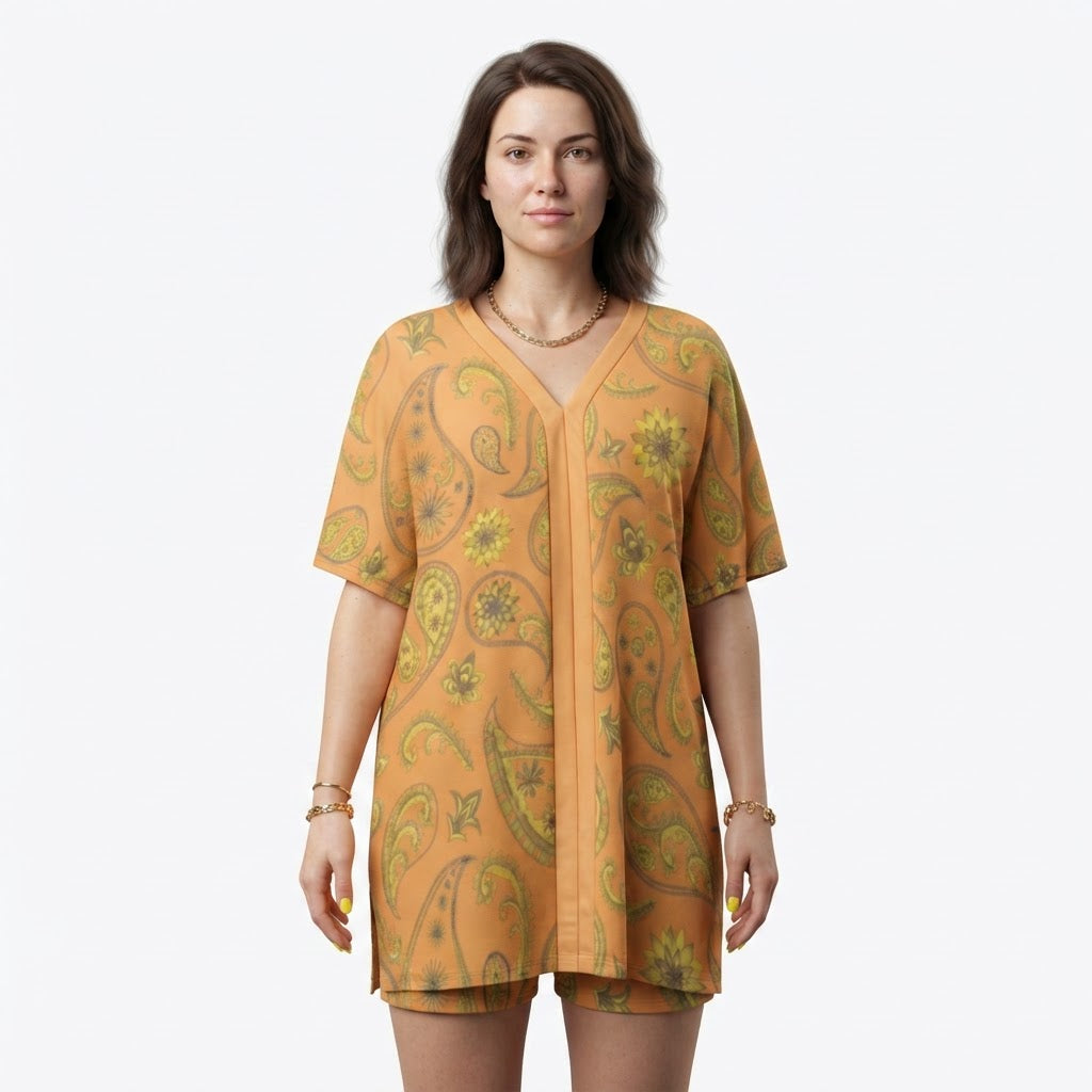 Boho Paisley V Neck Loungewear Set Comfy Two Piece Shorts Outfit