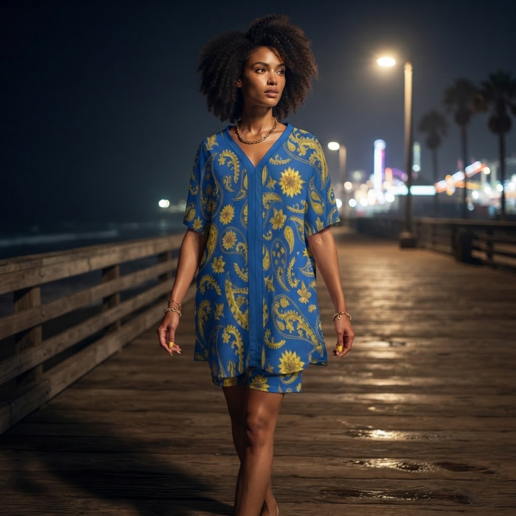 Blue and Gold Paisley Two Piece Set V Neck Dolman Sleeve Top and Shorts Loungewear Outfit