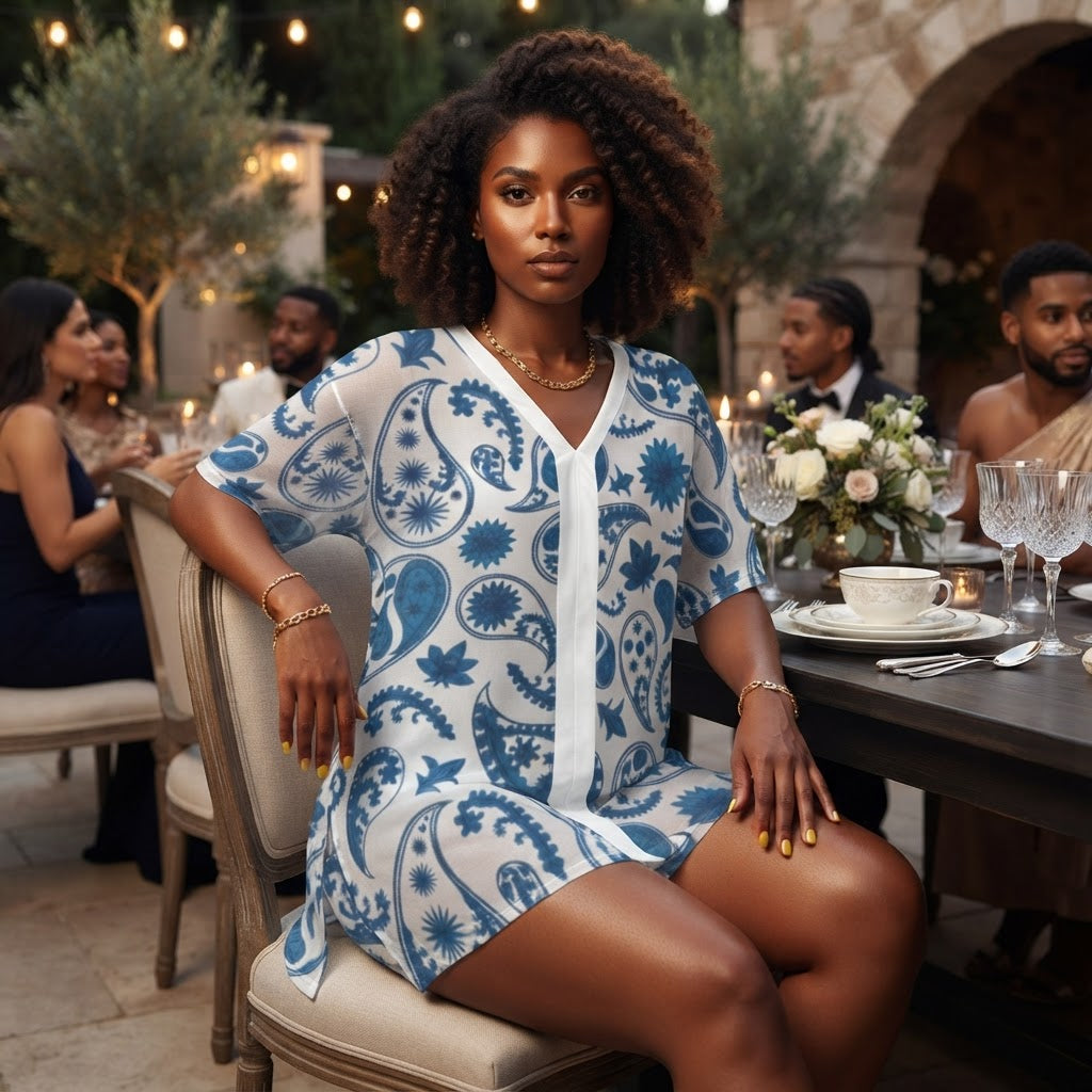 Blue Paisley Two Piece Short Set V Neck Summer Loungewear Outfit
