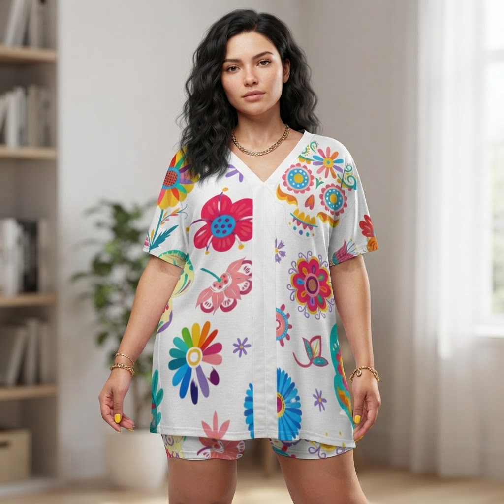 Floral Sugar Skull Lounge Set Women Summer Two Piece Outfit Dolman Sleeve Top and Shorts Set Comfortable Casual Sleepwear