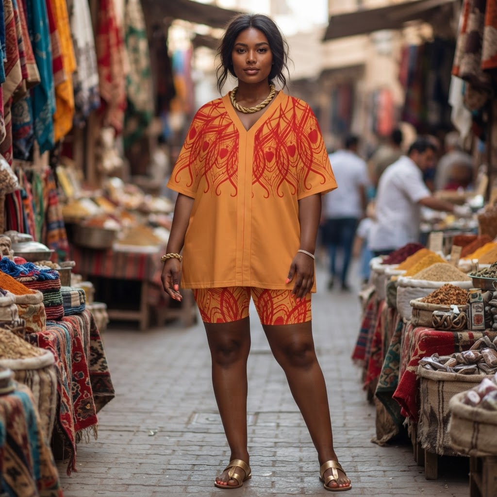 Boho Chic V-Neck Dolman Sleeve Top and Shorts Set Mustard and Red Peacock Inspired Lounge Wear Summer Outfit