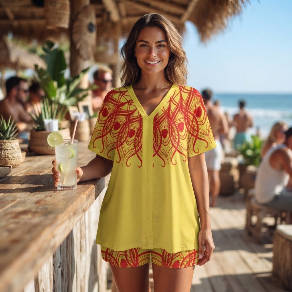 Boho Chic Yellow and Red Print Summer Short Set Matching Lounge Set Beachwear Outfit
