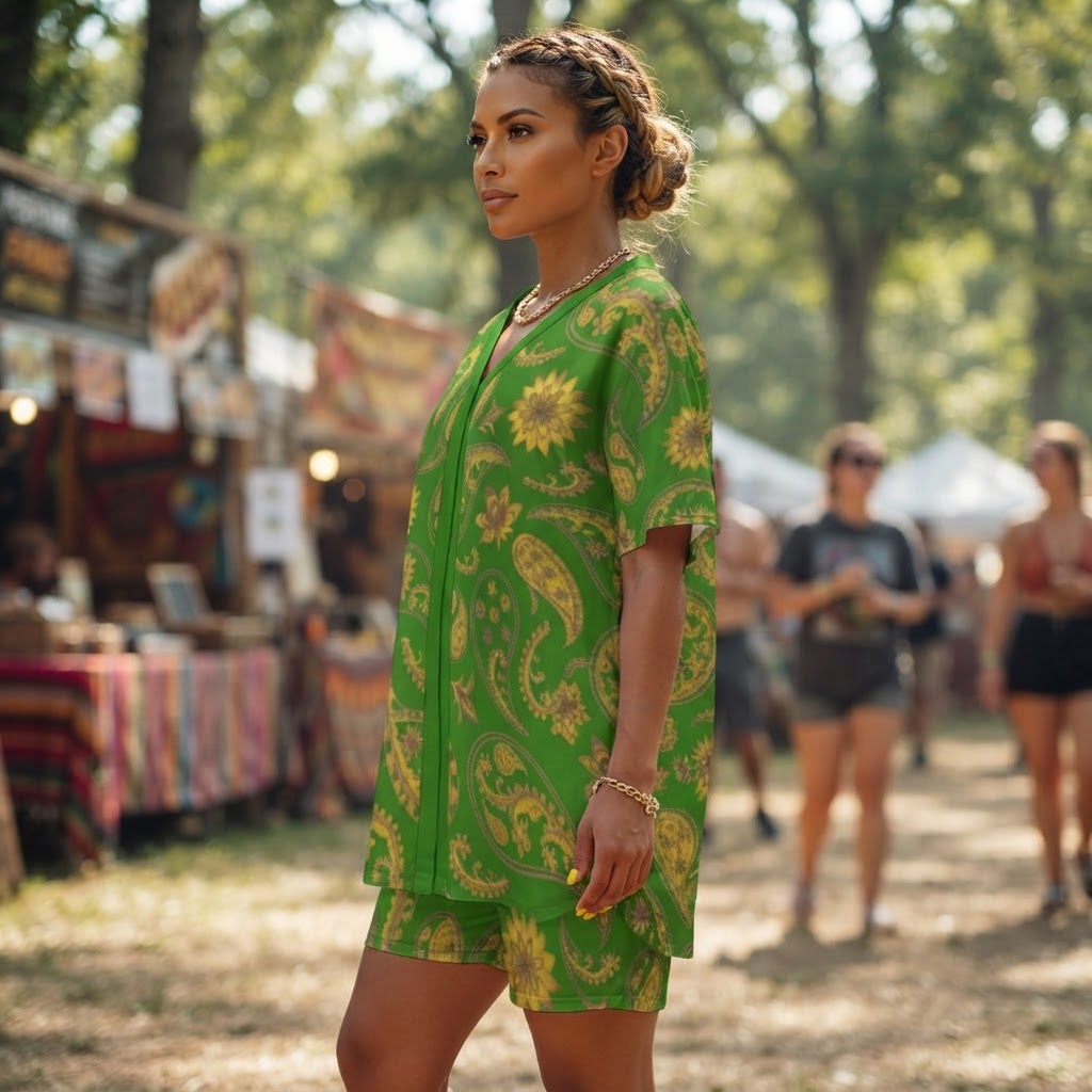 Green Paisley Floral Two Piece Short Set Casual V Neck Lounge Outfit