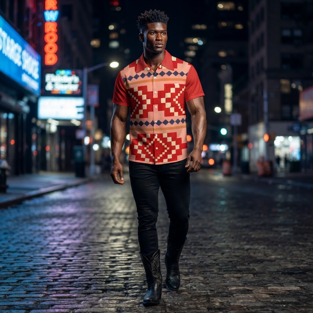Mens Geometric Print Button Up Shirt Short Sleeve Retro Southwest Style Summer Top