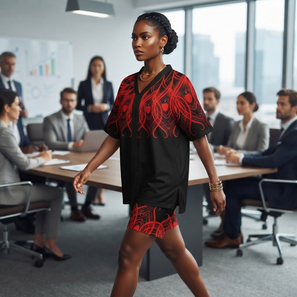 Black and Red Abstract Print Short Set V Neck Tunic and Biker Shorts Lounge Outfit
